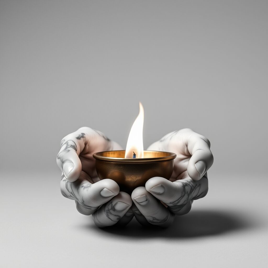 Marble hands holding a small bronze bowl with a flame